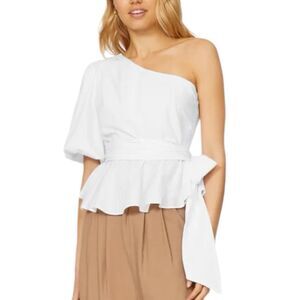 MINKPINK Jessey One Shoulder Puff Sleeve White Blouse Women’s Size Medium